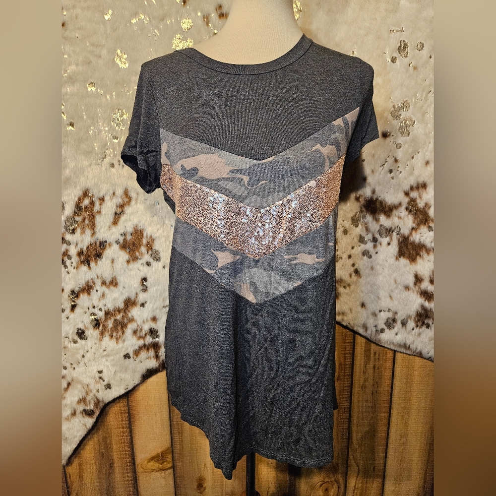 Gray, Camo & Sequin Women's Top